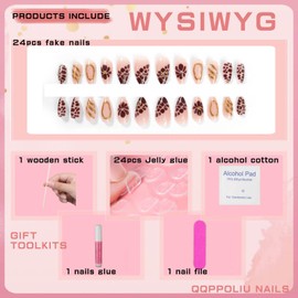 QQPPOLIU Press on Nails,Almond Press on Nails with Stripes and Gold Lines Design False Nails Medium Length (Pink&Red)