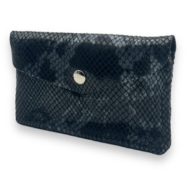 Mady in Italy Women's Medium Purse with Zip, Coin Compartment and Press Stud Purse 2 Compartments Genuine Leather, Snake Pattern Black, Modern