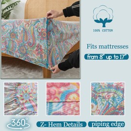 Zusbest Cotton Sheets Full 100% Cotton Pink Green Paisley Floral Bed Sheet Sets Watercolor Bedding Luxury Soft Breathable Crispy Cooling Percale Sheets 17.5'' Girls Deep Pocket Full Sheets, 4 Pcs