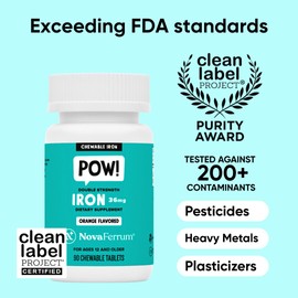 NovaFerrum Pow | Chewable Iron Supplement for Kids & Adults Ages 12 and Over | Anemia | 36mg of Iron | 90 Servings | Sugar Free | Vegan