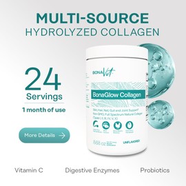 Bonavit BonaGlow - Multi-Source Hydrolyzed Collagen - Powder Extract - 24 Servings - with Vitamin C, Probiotics, and Digestive Enzymes - Sugar-Free and Non-GMO - Paleo-Friendly - Skin, Nails, Hair