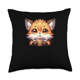 Big Eyes Anime Fox Bubble Tea Gift Kawaii Bubble Fox Funny Boba Tea Throw Pillow, 18x18, Multicolor