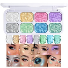 Glitter Eyeshadow Palette, 8 Colours, Shimmering Eyeshadow Palette, Holographic Make-Up Palette, Waterproof & Long-Lasting Shine Highlighter, Ultra Pigment Eye Make-Up for Party and Everyday Use