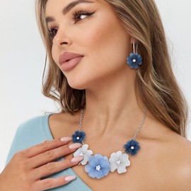 Flyonce - Collar con diseño de flores azules degradadas, estilo bohemio, para verano, día festivo, playa, flores, collares con arete para mujer, Acrílico, Sin piedra preciosa