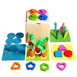VIVESOL PUEBLOMART Juguetes de Madera Montessori para Bebés, Kit de Juego de Madera 5 en 1 Incluye Caja Permanente de Objetos, Caja de Monedas, Cosecha de Zanahorias, Clasificar y Apilar Formas