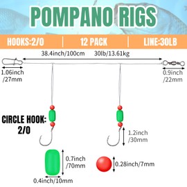 JellyArch 12 Pcs Pompano Rigs for Surf Fishing Offshore Surf Fishing Rigs Saltwater Gear Surf Fishing Tackle with 2/0 Circle Hooks Double Circle Swivels Duo Lock Snaps (Green)