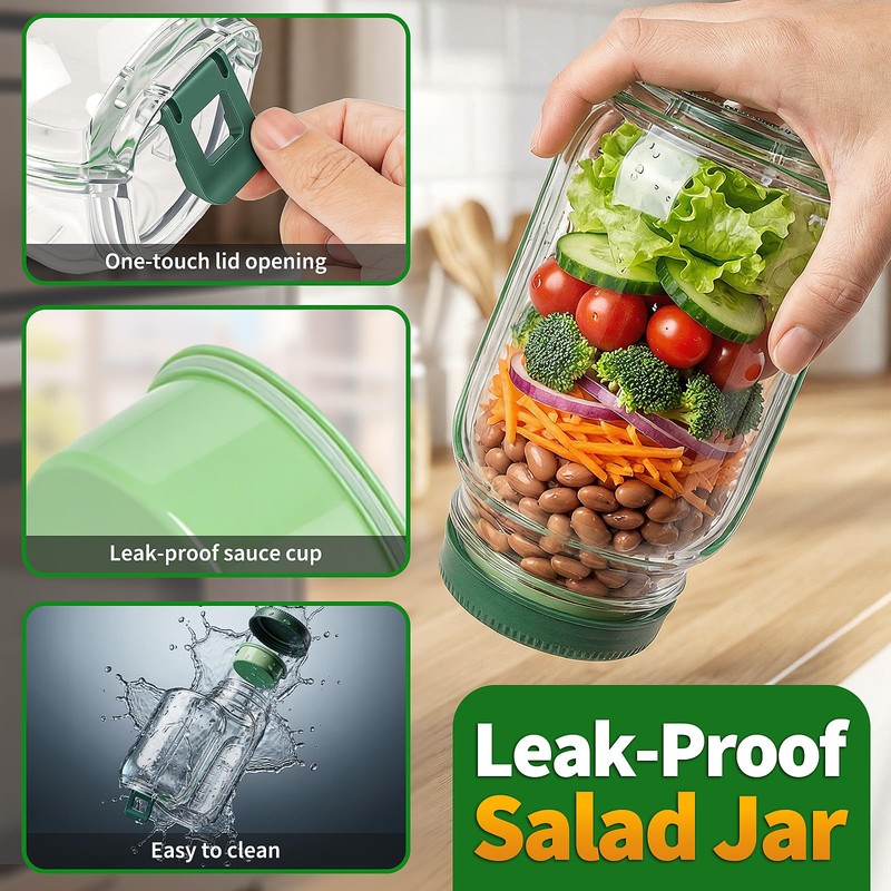Portable Salad Container with Dressing Cup & Spoon, Mason Jar