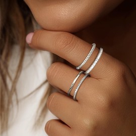 Florideco Stackable Silver Rings for Women - Silver Plated Stackable Thin Ring - Minimalist Non Tarnish Cubic Zirconia Band Rings - Dainty Trendy Statement Stacking Ring Set Size 6