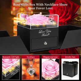 BNWXOY Preserved Pink Real Rose with I Love You Necklace -Eternal Flowers Rose Gifts for Mom Grandma Wife Girlfriend Christmas Birthday Anniversary Romantic Gifts for Her-Pink