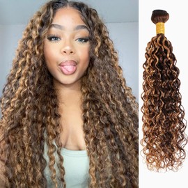 MOMOSHERO Water Wave Honey Blonde Curly Human Hair Bundles, Glossy & Shed-free P4/27 Brown and Blonde Highlight Wet And Wavy Bundle Weave Piano Color 12A 100% Remy Human Hair Single Bundle 10 Inch