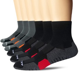 AKOENY Men's Athletic Running Cushioned Quarter Socks, Black/Grey, Size 9-12, 6 Pairs