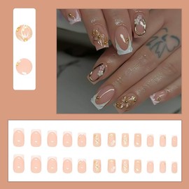 French Tip Press on Nails Square Fake Nails Medium False Nails with Gold Designs Stick on Nails Flower Charm Glue on Nails Pink Glossy Artificial Nails for Women 24pcs