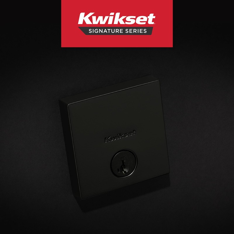 Kwikset Downtown Deadbolt Lock, Matte Black Square Exterior Keyed Front