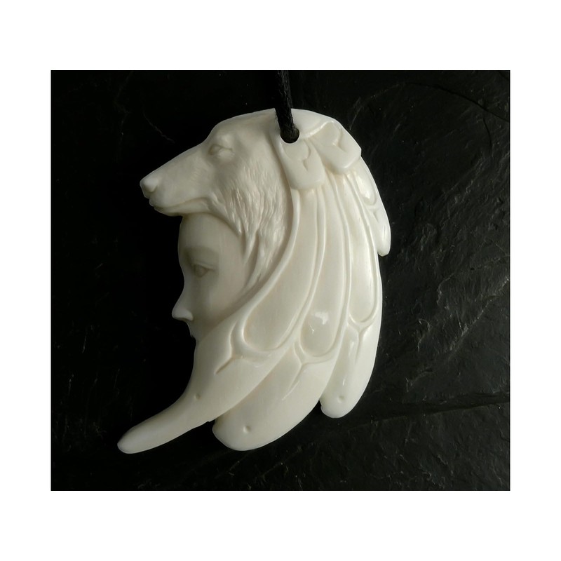 Fly Style Necklace pendant made of bone, shaman with wolf,