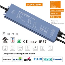 DC24V 300W UL-Listed 0/1-10V & TRIAC Dimmable LED Transformer Drive Waterproof IP67 Outdoor Power Supply for 24V DMX LED Wash Wall Lights(24V 300W 0-10V+Triac)