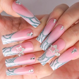 RUOKEXIN Long Press on Nails Square Fake Nails Glitter False Nails with Silver Star Charms Designs French Nail Press ons Pink Glue on Nails Sparkly Artificial Nails Cute Stick on Nails for Women 24Pcs