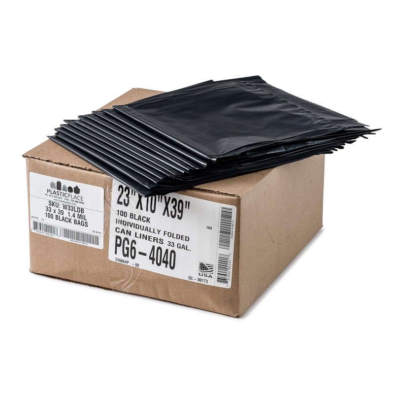 Plasticplace Black Garbage Bags, 33x39, 33 Gallon, 100/Case, 1.4 Mil