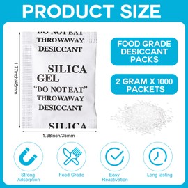 Threlaco 1000 Pcs 2 Gram Silica Gel Packets Desiccant Packs for Storage Moisture Absorbers Silica Gel Anti Humidity Transparent Food Grade Desiccant Packs for Electronics, Clothes Shoes, Jewelry