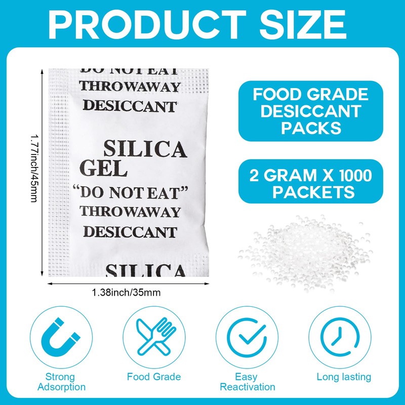 Threlaco 1000 Pcs 2 Gram Silica Gel Packets Desiccant Packs
