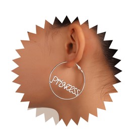 Zeshimb Large Silver Hoop Earrings Asymmetrical Word Hoop Earrings Personality Princess Smile Letter Hoop Earrings Vintage Thin Hoop Latch Back Earrings Jewelry for Women, Zinc, No Gemstone