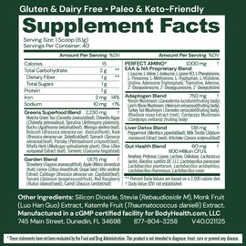 BodyHealth Greens Enhanced with PerfectAmino - Daily Superfood Green Apple Smoothie Powder with Vegetables, Fruit, Antioxidants, Prebiotics, Probiotics, Fiber, and Protein - 40 Servings