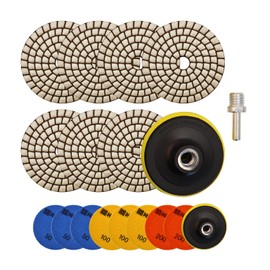 HIGHDRIL 10PCS Dry Diamond Polishing Pads Kit-8PCS Grits Grinding Discs(#50*3+100*3+200*2)+Pad Attachment+Adapter for Granite Stone Concrete Marble, 4 Inch Polisher Wheel Disc for Polisher & Grinder