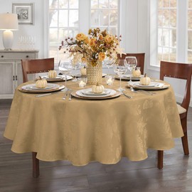 Elrene Home Fashions Elegant Woven Leaves Jacquard Damask Fabric Tablecloth for Fall/Harvest/Thanksgiving, 60" x 84" Oval, Gold