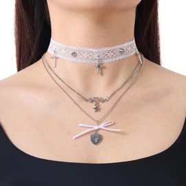 JJDreams Multilayer Necklace Vintage Heart Star Choker Chain Lace Cross Pendant Punk Gothic Necklace, Stainless Steel