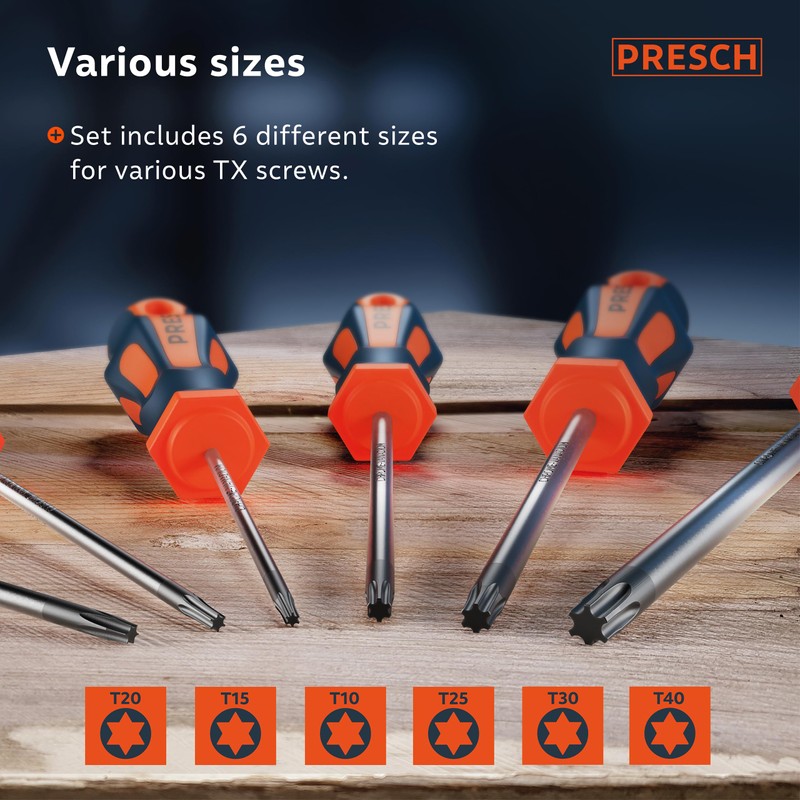 Presch TX Screwdriver Set 6 Pieces - Star Head/Magnetic Screwdriver