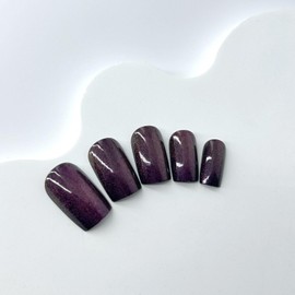 Purple Red Cat Eye Press on Nails Short Square Fake Nails Dark Red Glossy Glue on Nails Cat Eye Nails with Design Acrylic Nails Full Cover Glossy Stick on Nails Artificial Nails for Women Girls