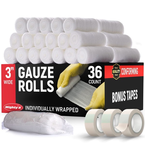 Premium Gauze Rolls - (36 Pack) - 3" x 4.1yd First Aid Rolled Gauze - Individually Wrapped + 3 Free Bonus Tapes - Conforming Breathable Gauze Wrap Roll for Wounds