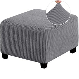 HJLRR Square Ottoman Cover, Stretchy Thick Soft Jacquard Fabric Footstool Protector Covers Removable Non-Slip Furniture Protector Storage Footstool, Grey, M