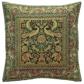 DK Homewares Ethnic Sofa Cushion Cover 40 x 40 cm Brocade Dark Green Jacquard Weave Cushion Covers Couch Cushion Zip Elephant Square Cushion Cover Animal Motif - 1 Piece (Cover Only)