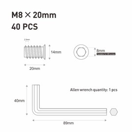 FOMGIIN Screw-in Nuts M8 x 20, Pack of 40 Threaded Inserts, Thread Insert, Wood Screw-In Sleeve, Zinc Alloy, Hexagon Socket, Screw in Thread Nuts for Wooden Furniture