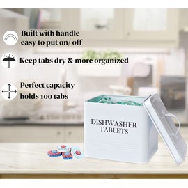 Farmhouse Dishwasher Pods Container with Lid – Metal Dishwasher Pod Holder for Kitchen Organization, Dish Pods Storage Box Holds Over 100 Pacs