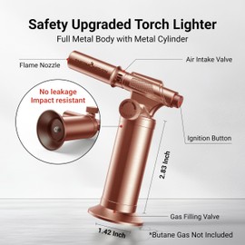 ThermoMaven Butane Torch Lighter, Full Metal Kitchen Torch, Refillable Cooking Blowtorch, Adjustable Flame for Culinary Food, Brulee, Baking, and Soldering, Fits All Butane Tanks (Fuel not Included)