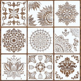 9 Pack Large Reusable Stencil Mandala Stencil Laser Cut Painting Template for Wood Wall Floor Tile Fabric Crafts Furniture Stencils Painting(12x12 Inch)