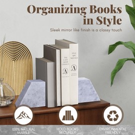 Flexzion Marble Book Ends for Heavy Books - White Book Ends Decorative Stone with Gold Accent - Triangular Marble Bookends Stopper with Non-Skid Bottom for Desk, Shelves, and Office (Set of 2)