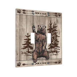 Xuejiaku Retro Forest Bear Rustic Cabin Wood Plank Double Toggle Fun Light Switch Covers Decorative Farmhouse 2 Gang Wall Plate Dual Electrical Faceplate Switchplate for Bedroom Living Room Decor