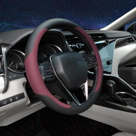 Mihecor Steering Wheel Cover Standard Size Medium 14.5-15 inch, Breathable Microfiber Leather, Anti-Slip, Soft Grip, Universal Fit for Cars SUVs Trucks, Black and Volcano Red