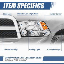 Auto Dynasty Quad Headlights Assembly Compatible with 2009-2010 Dodge Ram 1500-3500 New Body, 2011-2018 Ram 1500-5500, Halogen Headlamps Replacement, Left and Right Side, Chrome Housing Amber Corner