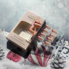 French Tip Press on Nails Red Fake Nails with Glue Short False Nails Glossy Santa's Hat Artificial Nails Red Nails Press on Acrylic Nails Christmas Glue on Nails Square Shape Stick on Nails for Women