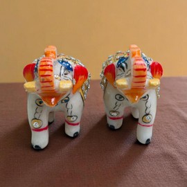 Natural White Marble Multicolor Elephant Statue Art 3x2.25 inch (1 Pair) Gold Painted Work Home or Living Room Good Luck Elephant Durable and Lightweight and Housewarming Showpiece Statue for Gift