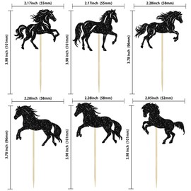 Ephlyn 24Pcs Horse Cupcake Toppers Glitter Animal Horse Racing Cupcake Pick Decorations for Baby Shower Kids Birthday Equestrian Theme Party Decorations Supplies Black