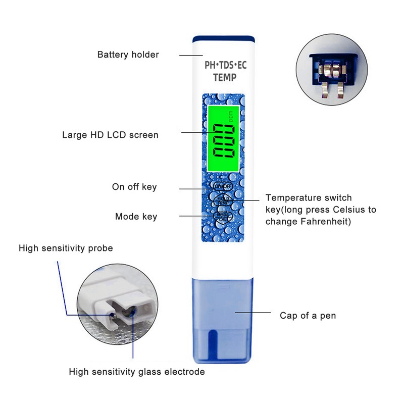 Water Quality Tester 4 in 1 PH TDS EC Temp
