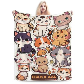 E-RIDES 125x150CM Kawaii Cat Sticker Blanket, Soft & Cozy for Adults & Kids, Unique Birthday Gift Blanket, Perfect Home Decor Blanket, Ideal for Couch, Bed, Office, Travel, All Seasons