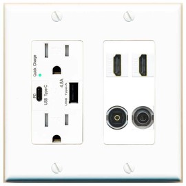 RiteAV 2 Port HDMI 1 Toslink 3.5mm Jack Wall Plate - USB A+C Outlet [White]