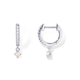 PAVOI Rhodiuum Plated 925 Sterling Silver Post Trendy Opal Stone Dangle Huggie Earrings for Women - Small Gold Hinged Gemstone Huggie Hoop Earrings