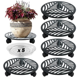 5 Packs Large Metal Plant Caddy with PU Wheels 12" Heavy-Duty Wrought Iron Rolling Plant Stands Indoor Outdoor Wheeled Plant Dolly Planter Mover Rollers Plant, Leaf Style