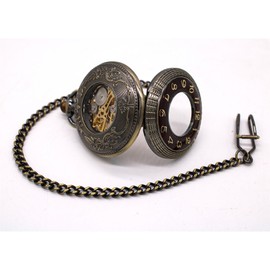 TruClothing Mechanical Skeleton Wooden Half Hunter Pocket Watch with Chain - Antique Gold One Size